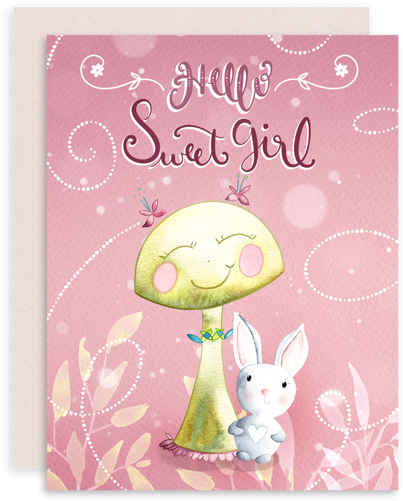 Hello Sweet Girl greeting card with bunny and smiling mushroom